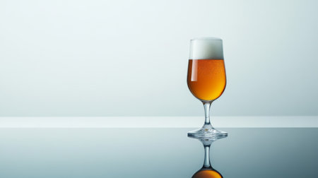 A minimalist composition featuring a single elegant beer glass on a reflective surface, with soft lighting that accentuates the color and texture of the beer.の素材