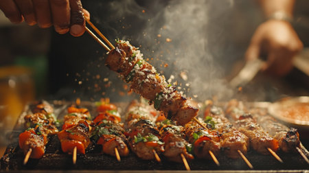 A dynamic shot of a chef expertly flipping kebabs on the grill, with spices and herbs scattered around, highlighting the craftsmanship involved in making this delicious dish.の素材