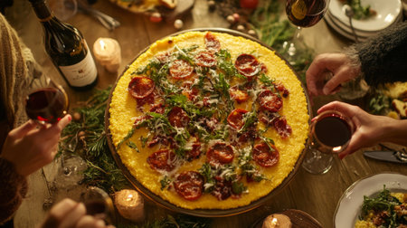 A festive holiday gathering featuring a large platter of polenta with assorted toppings, surrounded by friends and family enjoying wine and appetizers, evoking a cozy celebration.の素材