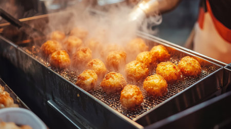 A dynamic shot of korokke being served from a fryer, with golden croquettes sizzling and steam rising, emphasizing the fresh and crispy texture of the dish.の素材