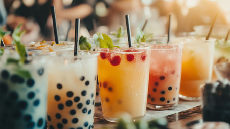 A festive gathering where guests are enjoying bubble tea at a celebration, with various flavors and toppings available, creating a fun and joyful atmosphereの素材