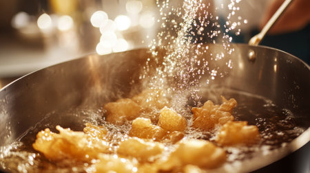 A dynamic shot of a chef frying tempura in a deep fryer, with golden-brown pieces bubbling in hot oil, capturing the cooking process in a bright, clean kitchen.の素材