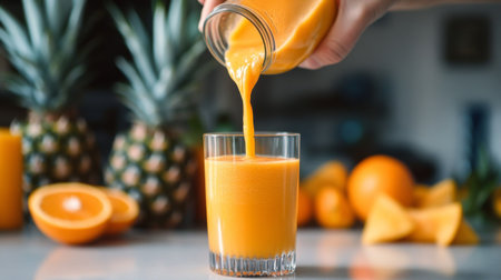 A hand pouring a bright orange tropical smoothie into a glass, with pineapple slices and oranges in the background, creating a refreshing summer vibeの素材
