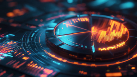 A high-tech 3D pie chart with metallic and glass-like segments, representing financial statistics, with each slice highlighted by glowing lines and arrows.の素材
