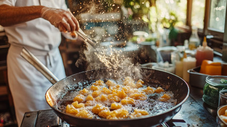 A dynamic shot of a chef frying tempura in a deep fryer, with golden-brown pieces bubbling in hot oil, capturing the cooking process in a bright, clean kitchen.の素材
