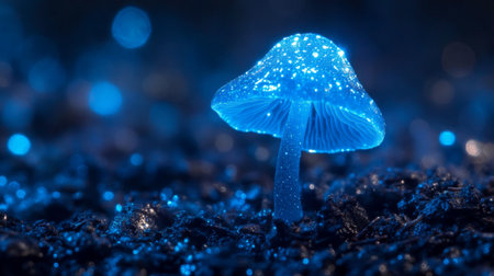 A macro shot of a single luminous mushroom sprouting from the ground, with dew drops reflecting the light, emphasizing the delicate beauty of bioluminescence.の素材