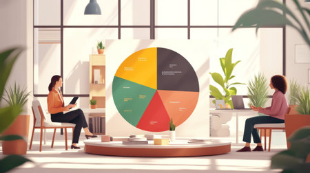 A financial pie chart in an office setting, with segments showing budget allocation for various departments, surrounded by business professionals discussing the dataの素材