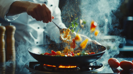 A dynamic shot of a chef flipping ingredients in a hot frying pan, with vibrant colors and action captured mid-motion, showcasing culinary skills in a professional kitchen.の素材