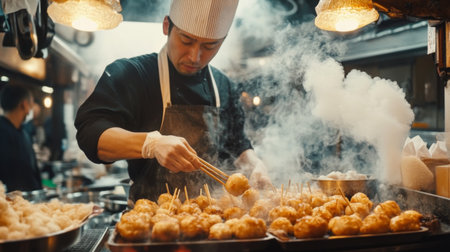 A dynamic shot of a chef preparing takoyaki in a busy kitchen, with fresh ingredients and the sizzling sound of cooking creating an exciting atmosphereの素材