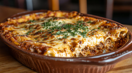 A freshly baked lasagna, golden and bubbling, layered with rich marinara sauce, gooey cheese, and ground meat, served in a ceramic dish with a slice removed, showcasing its hearty layers.の素材