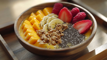 A healthy breakfast scene featuring a mango and banana smoothie bowl topped with granola, chia seeds, and fresh slices of fruit, served on a wooden tray.の素材