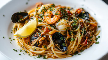 A gourmet spaghetti dish topped with seafood, herbs, and a lemon wedge, styled elegantly on a white plate, perfect for fine dining promotions.の素材