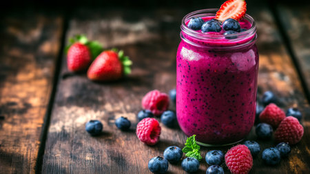 A freshly made berry smoothie with a vibrant purple color, served in a mason jar, with blueberries, strawberries, and raspberries scattered around on a rustic wooden surface.の素材