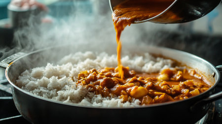 A dynamic shot of curry being poured over rice from a pot, with steam rising and the rich, aromatic curry sauce flowing over the fluffy rice, highlighting the dish warmth and comfort.の素材