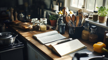 A high-angle shot of an organized kitchen countertop with various cooking tools, ingredients, and a recipe book open, illustrating a well-prepared cooking space.の素材