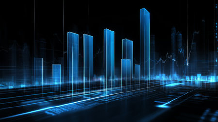 A modern 3D bar graph with tall, transparent bars, displayed against a dark background with glowing lines and data labels, representing financial growth statistics.の素材