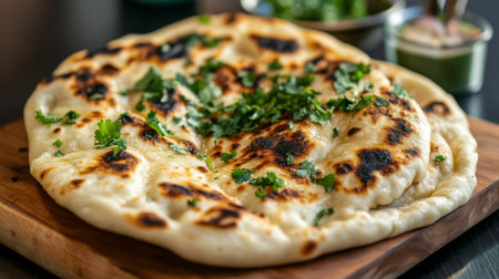 A freshly baked naan served hot from the tandoor, showcasing its fluffy texture and golden-brown charred spots, garnished with chopped cilantro and brushed with garlic.の素材