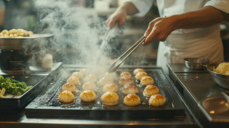 A dynamic shot of a chef preparing takoyaki in a busy kitchen, with fresh ingredients and the sizzling sound of cooking creating an exciting atmosphereの素材