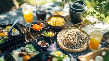 A lively outdoor setting with a picnic featuring soba noodles served cold with dipping sauce, accompanied by refreshing drinks and fresh fruits, creating a relaxed and enjoyable dining atmosphereの素材