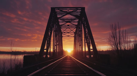 A picturesque sunset behind a railway bridge, with tracks leading into the horizon, creating a stunning silhouette and evoking feelings of wanderlust and exploration.の素材