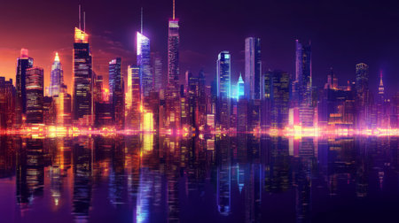 A nighttime cityscape featuring illuminated skyscrapers, with reflections in the water of a nearby river or lake, creating a stunning visual of urban beauty after dark.の素材