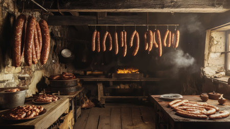 A rustic kitchen scene with homemade sausages hanging in a smokehouse, showcasing the traditional methods of sausage preparation and curing.の素材