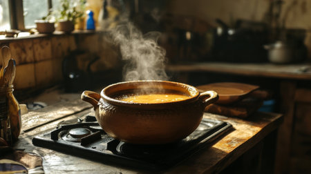 A rustic kitchen with a traditional clay pot simmering on the stove, filled with aromatic soup, showcasing the warmth and comfort of home-cooked meals.の素材