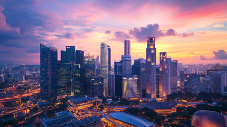 A panoramic view of a bustling city skyline featuring tall skyscrapers reaching towards the sky, with vibrant lights illuminating the buildings at dusk, capturing the energy of urban life.の素材