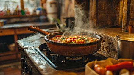 A rustic kitchen with a traditional clay pot simmering on the stove, filled with aromatic soup, showcasing the warmth and comfort of home-cooked meals.の素材