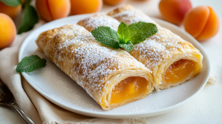 A puff pastry strudel with apricot filling, topped with a dusting of powdered sugar and a sprig of mint, served on a white plate with apricots on the side.の素材
