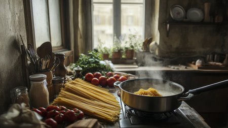 A rustic kitchen scene with a pot of boiling spaghetti and fresh ingredients laid out on the counter, emphasizing the process of making homemade pasta.の素材