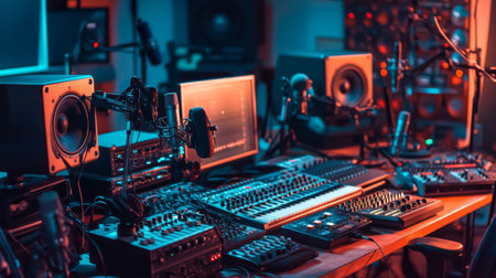 A recording studio setup featuring multiple microphones, headphones, and sound equipment, capturing the essence of music production and audio engineering.の素材