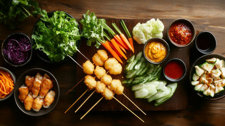 A rustic wooden table set for a casual meal with a variety of kushikatsu skewers, fresh vegetables, and dipping sauces, evoking a warm and inviting dining experience.の素材