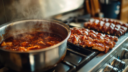 A rustic kitchen scene with a pot of homemade barbecue sauce simmering on the stove, alongside marinated pork ribs ready for grilling, emphasizing preparationの素材