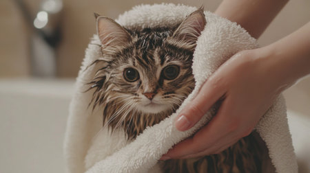 A pair of hands carefully drying a wet cat with a soft towel, the cat sitting still on the bathroom floor with its fur slightly damp and fluffyの素材