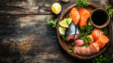 A rustic wooden table featuring a beautiful sashimi platter with various types of fish, garnished with fresh herbs and a bowl of soy sauce, creating an inviting dining atmosphere.の素材