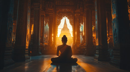 A silhouette of a Buddha figure surrounded by intricate temple architecture, capturing the essence of cultural heritage and religious devotion in a dramatic lighting setting.の素材