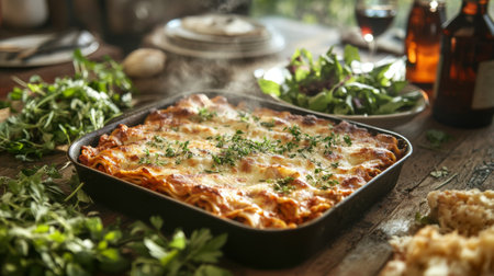 A rustic wooden table set for a meal with a steaming hot pan of lasagna, fresh herbs scattered around, and a side of crisp salad, evoking a warm and inviting dining experience.の素材