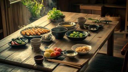 A rustic wooden table set for a casual meal with a variety of kushikatsu skewers, fresh vegetables, and dipping sauces, evoking a warm and inviting dining experience.の素材