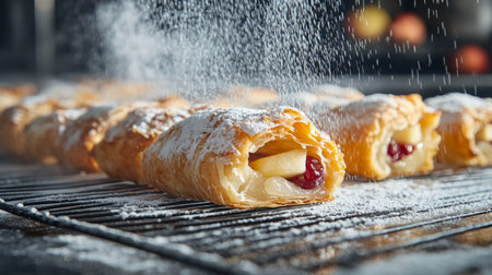 A row of freshly baked mini strudels with a variety of fillings, including apple, cherry, and cheese, placed on a cooling rack with powdered sugar falling over the top.の素材