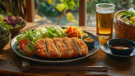 A rustic wooden table set for a meal with a large plate of tonkatsu, accompanied by a fresh salad, dipping sauce, and a chilled glass of green tea, inviting a casual dining experienceの素材
