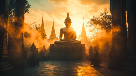 A silhouette of a Buddha figure surrounded by intricate temple architecture, capturing the essence of cultural heritage and religious devotion in a dramatic lighting setting.の素材