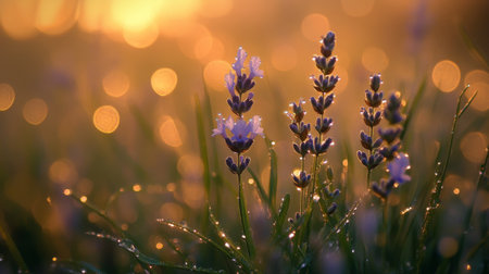 A serene image of lavender flowers with morning dew, creating a calming atmosphere that highlights the soothing qualities of nature and its elements.の素材