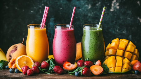 A set of three different fruit smoothies, one pink (strawberry), one yellow (mango), and one green (spinach), served with matching straws and surrounded by fresh fruitの素材