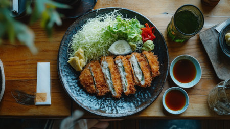 A rustic wooden table set for a meal with a large plate of tonkatsu, accompanied by a fresh salad, dipping sauce, and a chilled glass of green tea, inviting a casual dining experienceの素材