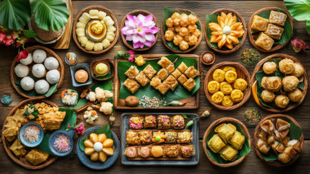 A rustic wooden table filled with an assortment of Thai sweets, such as foi thong (golden threads) and krathong thong (golden cups), creating an inviting and festive atmosphere.の素材
