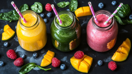 A set of three different fruit smoothies, one pink (strawberry), one yellow (mango), and one green (spinach), served with matching straws and surrounded by fresh fruitの素材