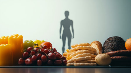 A side-by-side comparison of healthy and unhealthy foods on a table, with a human figure silhouette in the background, illustrating the impact of diet on the human bodyの素材