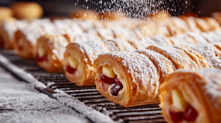 A row of freshly baked mini strudels with a variety of fillings, including apple, cherry, and cheese, placed on a cooling rack with powdered sugar falling over the top.の素材