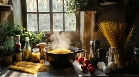 A rustic kitchen scene with a pot of boiling spaghetti and fresh ingredients laid out on the counter, emphasizing the process of making homemade pasta.の素材